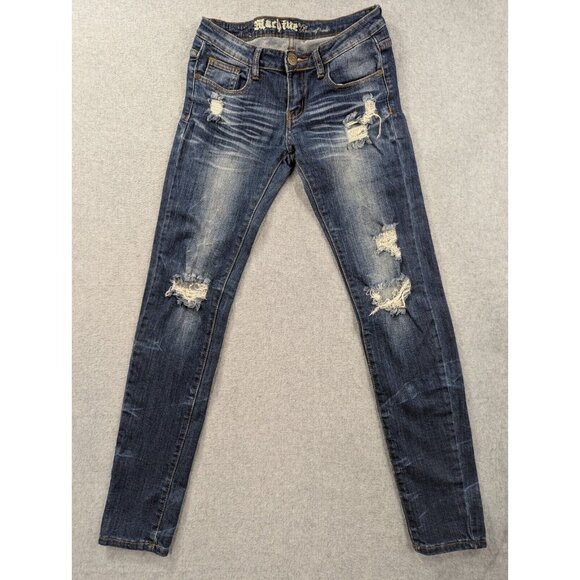 Machine Nouvelle Mode Jeans Womens SZ 30 Blue Destressed Whiskers Tapered Faded - Picture 1 of 16